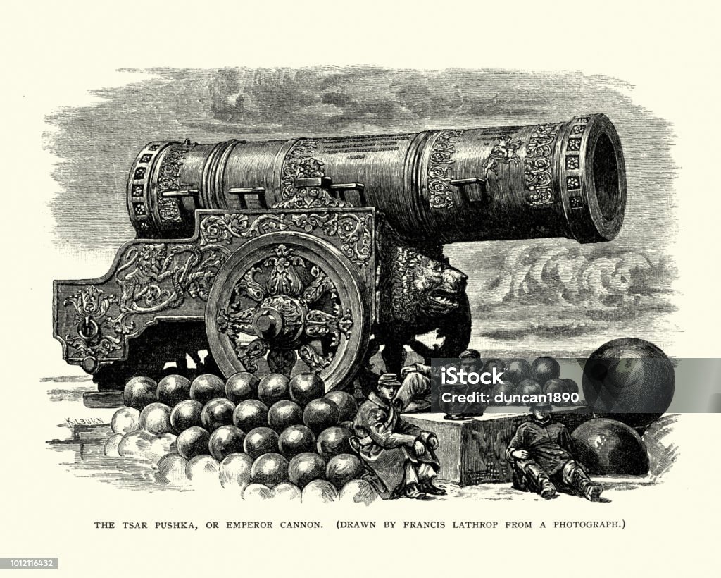 Tsar Cannon, Moscow, Russia Vintage engraving of the Tsar Cannon a large early modern period artillery piece (known as a bombarda in Russian) on display on the grounds of the Moscow Kremlin. Cast in bronze in 1586 in Moscow, by the Russian master bronze caster Andrey Chokhov. Mostly of symbolic impact, it was never used in a war. Cannon - Artillery stock illustration