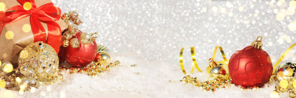 istock Christmas ornaments on glitter background, border design,  banner 1012123920