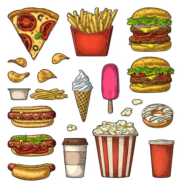 ilustraciones, imágenes clip art, dibujos animados e iconos de stock de set de comida rápida. café, hamburguesa, pizza, hotdog, freir patatas, palomitas de maíz - hamburger refreshment hot dog bun