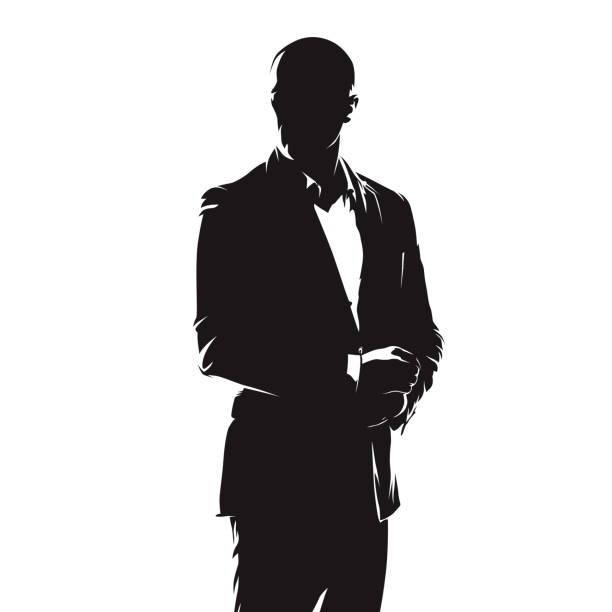 Business man in suit, abstract comics ink drawing, isolated vector silhouette. People Business man in suit, abstract comics ink drawing, isolated vector silhouette. People portrait silhouettes stock illustrations