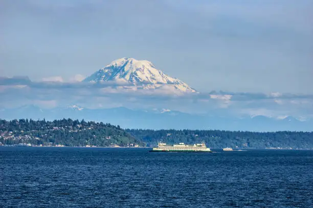 The Puget Sound with Mount Rainier above Seattle in the background, Washington state, USA.