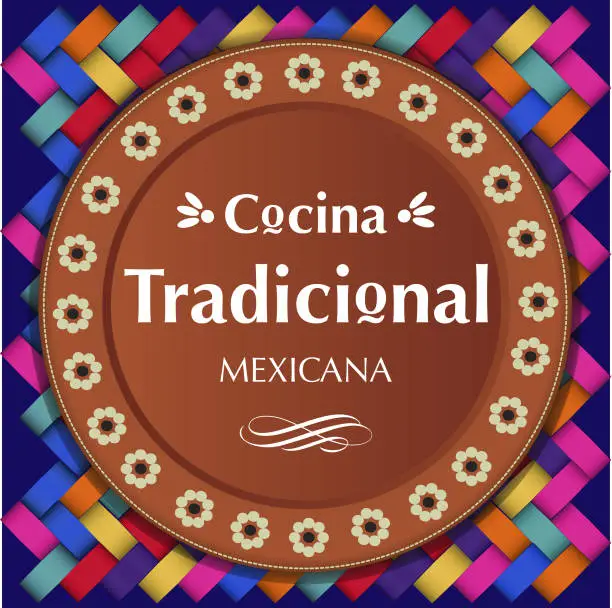 Vector illustration of Cocina Tradicional Mexicana (Mexican Traditional Food in spanish) Clay Plate Composition – Copy Space