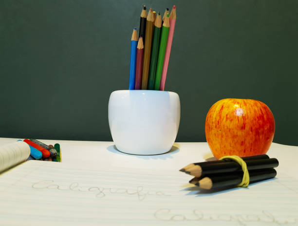 istock Sheets drawn with crayons and various color Pencils school image and text back to school 1012162256