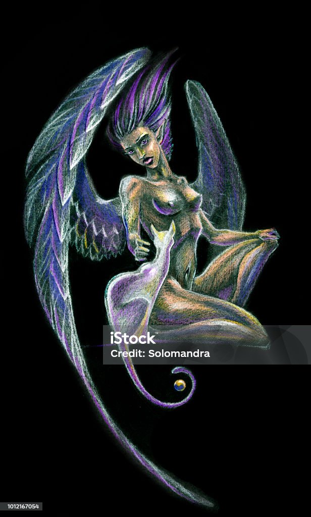 naked winged girl with a cat naked winged girl irons a cat, purple shadows Animal Wing stock illustration