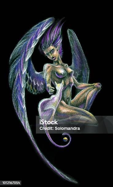 Naked Winged Girl With A Cat Stock Illustration - Download Image Now - Animal Wing, Naked, One Woman Only