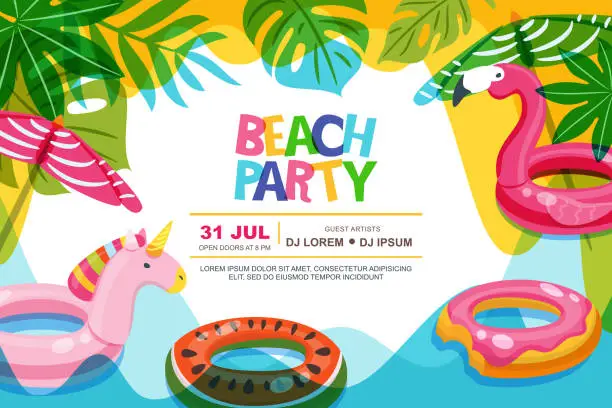 Vector illustration of bSwimming pool frame with flamingo and unicorn float kids toys. Beach party vector summer poster, banner design template.