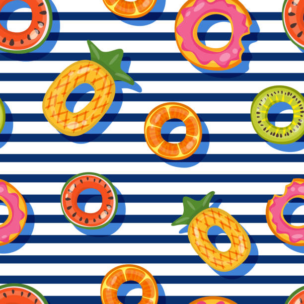 Vector seamless swimming pool float rings pattern. Top view inflatable kids toys. Design for summer textile print. Vector seamless swimming pool float rings pattern. Top view illustration of inflatable kids toys on striped background. Fashion design for summer textile print. inflated pool stock illustrations