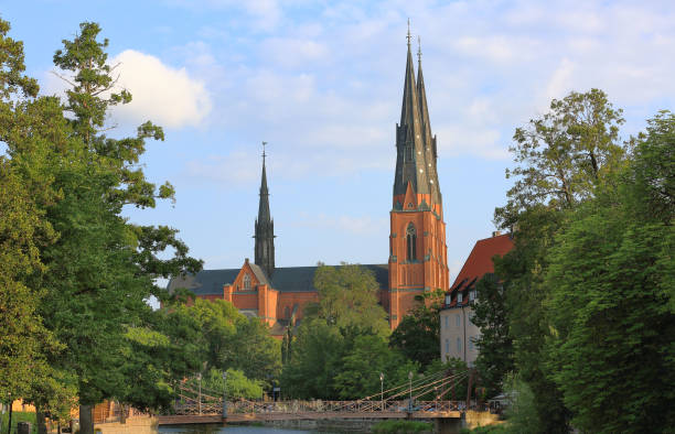 istock Amazing view on old historical cathedral castle with green trees on front and blue sky on background. Uppsala, Sweden, Europe. Beautiful backgrounds/ wallpapers. 1012185598
