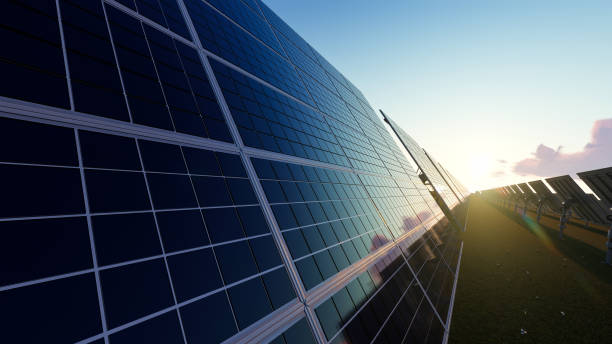 Solar Panels with Rectangular Cells Located Across the Field stock photo