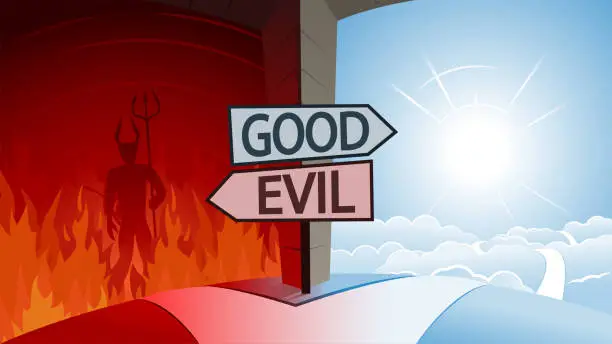 Vector illustration of Good and Evil and Road to Heaven or Hell Concept