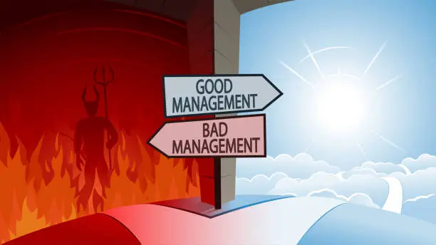 Vector illustration of Good and Bad Management and Road to Heaven or Hell Concept