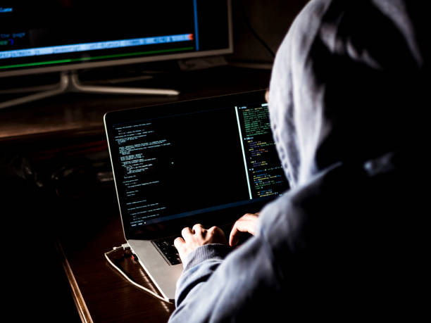 hacker in hoodie mit laptop in dunklen studio programm code eintippen - ostslawen stock-fotos und bilder
