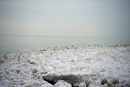 Natural ice scultures on the frozen lakeshore