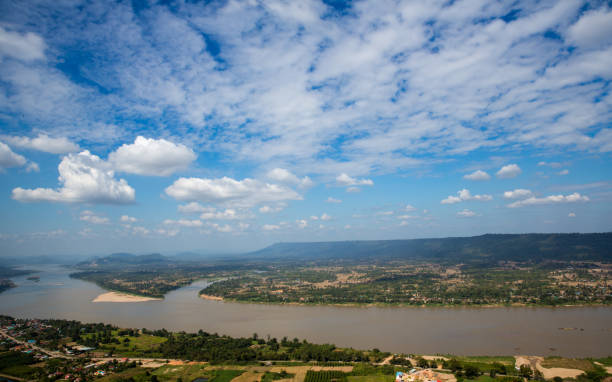 istock Blue sky and river from viewpoint , river junction,natural border between countries 1012269082