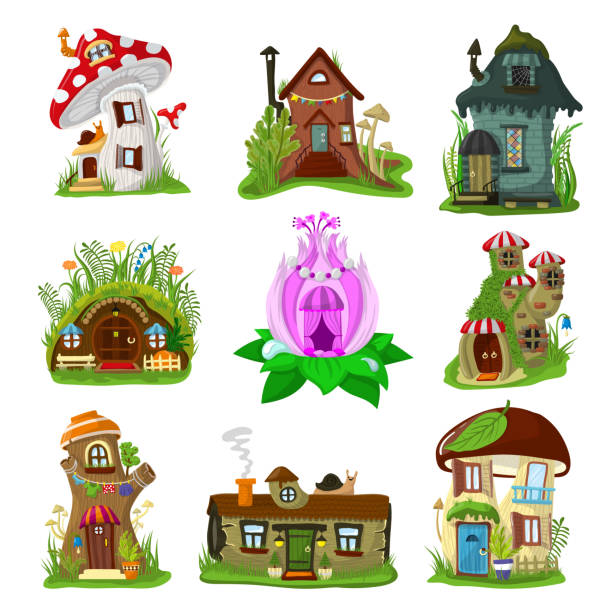 fantasy haus vektor cartoon fairy baumhaus und magie gehäuse dorf abbildung reihe von kinder-märchen-spielhaus für gnome oder elf isoliert auf weißem hintergrund - baumhaus stock-grafiken, -clipart, -cartoons und -symbole
