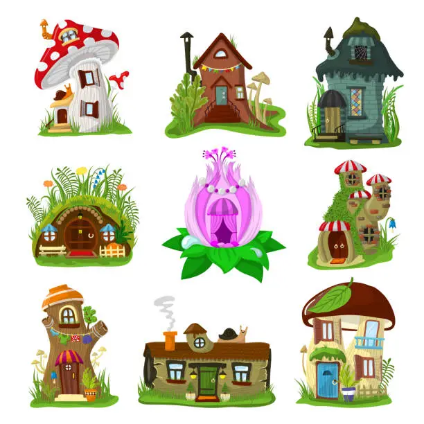 Vector illustration of Fantasy house vector cartoon fairy treehouse and magic housing village illustration set of kids fairytale playhouse for gnome or elf isolated on white background