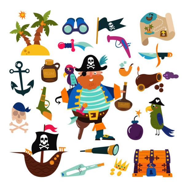 illustrazioni stock, clip art, cartoni animati e icone di tendenza di pirata vettore piratico personaggio bucaniere uomo in costume pirateria in cappello con spada illustrazione set di segni di pirateria e nave o barca a vela isolata su sfondo bianco - buccaneer