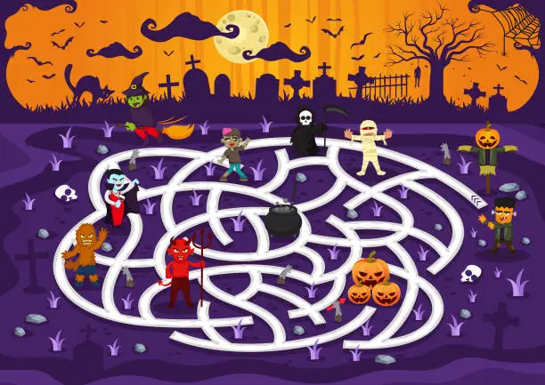 Vector illustration of Fun Educational Scary Graveyard Character Theme Maze Puzzle Games For Children Illustration