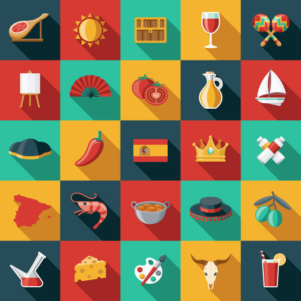 Spain Flat Design Icon Set A set of Spanish themed icon sets. File is built in the CMYK color space for optimal printing, and can easily be converted to RGB. Color swatches are global for quick and easy color changes throughout the entire set of icons. spanish culture illustrations stock illustrations