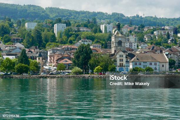 Lake Geneva Shoreline At Evianlesbains Stock Photo - Download Image Now - Evian-les-Bains, Lake, Cityscape