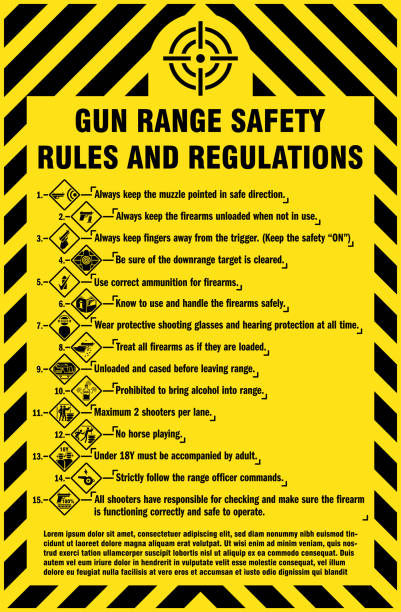 ilustrações de stock, clip art, desenhos animados e ícones de gun range safety rules and regulations. live-fire safety rules with signs and symbols. black and yellow color sign. - bullet ammunition rifle gun