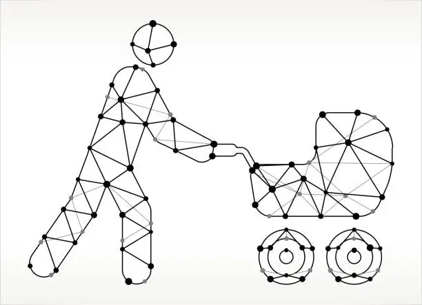 Vector illustration of Man Pushing a Stroller Triangle Node Black and White Pattern