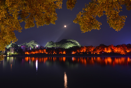 Moon (and planet Jupiter above) rising over the world famous Li river in Guilin town, Guangxi Autonomous Region, China.
