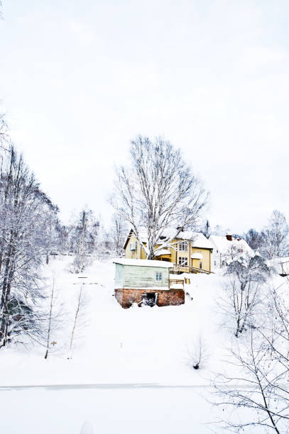 dom pokryty śniegiem w okresie zimowym. północna szwecja (sundsvall) - winter snow street plattenbau zdjęcia i obrazy z banku zdjęć