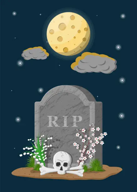 Vector illustration of Tombstone with skull and crossed bones.