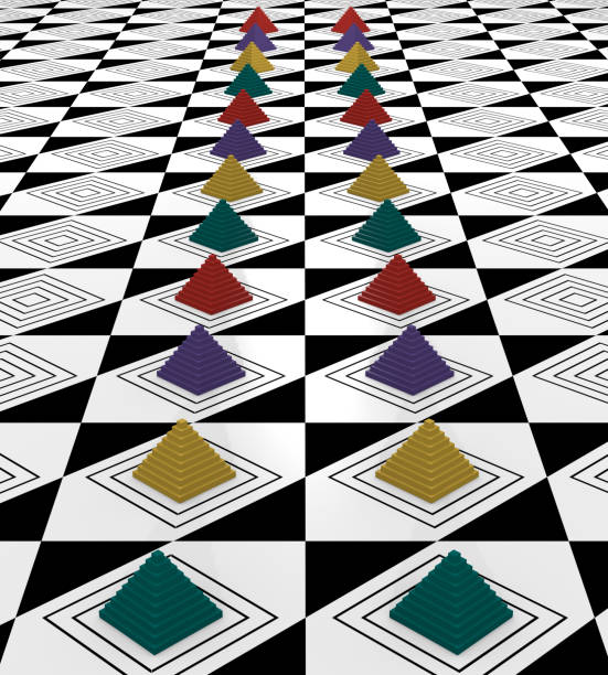 istock abstract background with colorful pyramids on black and white patterned floor. 1012353924