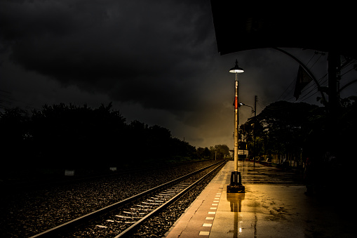 Empty and abandoned train station at night