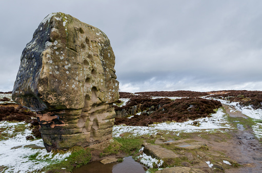 Cork Stone on Stanton Moor is a cork shaped natural feature. The sandstone pillar has weathered to it
