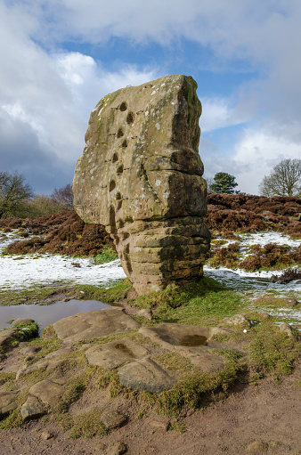 Cork Stone on Stanton Moor is a cork shaped natural feature. The sandstone pillar has weathered to it