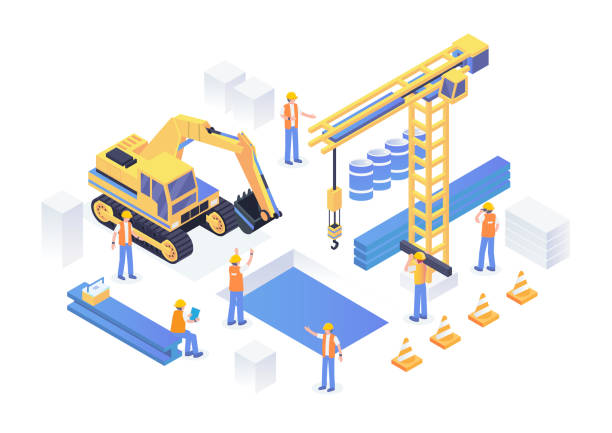 Modern Isometric Under Construction Industrial Site Concept Illustration Modern Isometric Under Construction Industrial Site Concept Illustration In Isolated White Background tower crane stock illustrations