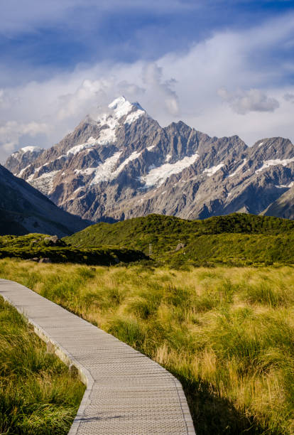 Boardwalk in the Hooker valley looking towards Mt Cook