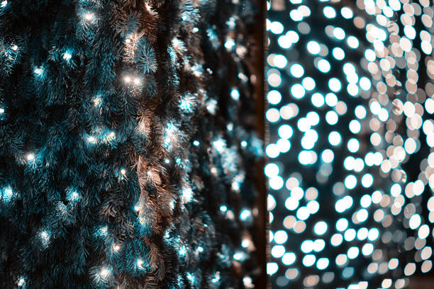 horizontal shot of Christmas  lights in the city on trees.