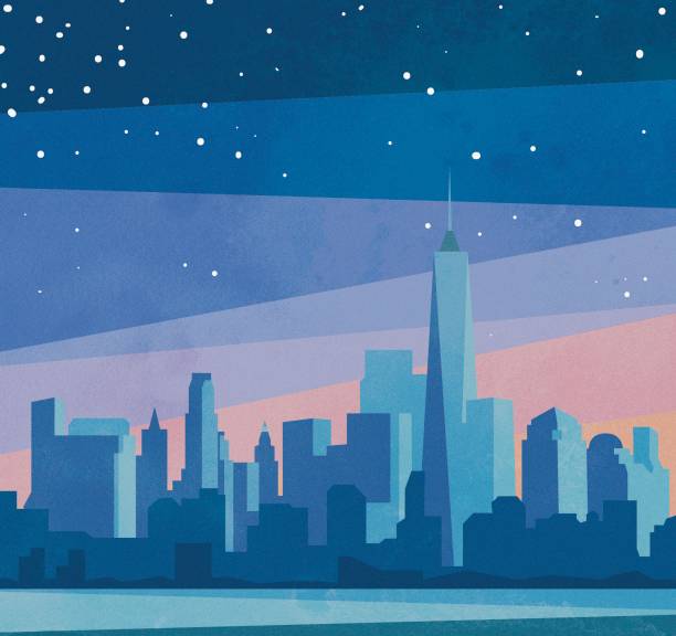 illustrazioni stock, clip art, cartoni animati e icone di tendenza di una notte di new york - orizzonte urbano illustrazioni