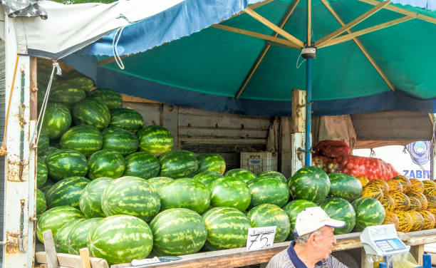 Nevsehir, Anatolia, Turkey, July 15., 2015: Sales stand with watermelons and pumpkins at the weekly market