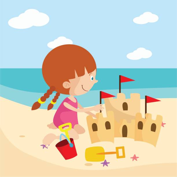 ilustrações de stock, clip art, desenhos animados e ícones de adorable cute little girls holiday and play sandcastle in the summer beach, cartoon character - preschooler playing family summer