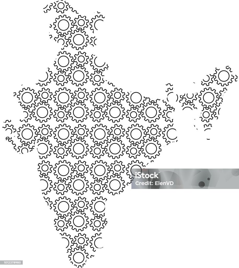 India map country abstract silhouette from industrial gears drive. Black repeating pattern. Vector illustration. Gear - Mechanism stock vector