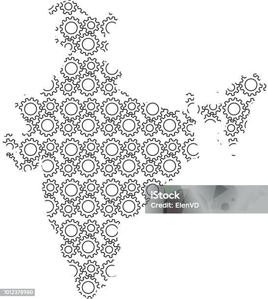 India Map Country Abstract Silhouette From Industrial Gears Drive Black Repeating Pattern Vector Illustration Stock Illustration - Download Image Now