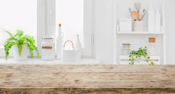 istock Vintage tabletop for product display with defocused modern kitchen background 1012381708