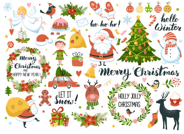 산타, 눈사람, 사슴, 모피 트리, 화 환 및 다른 크리스마스와 새 해 요소의 집합입니다. 스크랩북, 인사말 카드, 파티 초대장, 포스터, 태그, 스티커 키트에 대 한 완벽 한. 손으로 그린 스타일 - santa claus elf christmas holiday stock illustrations