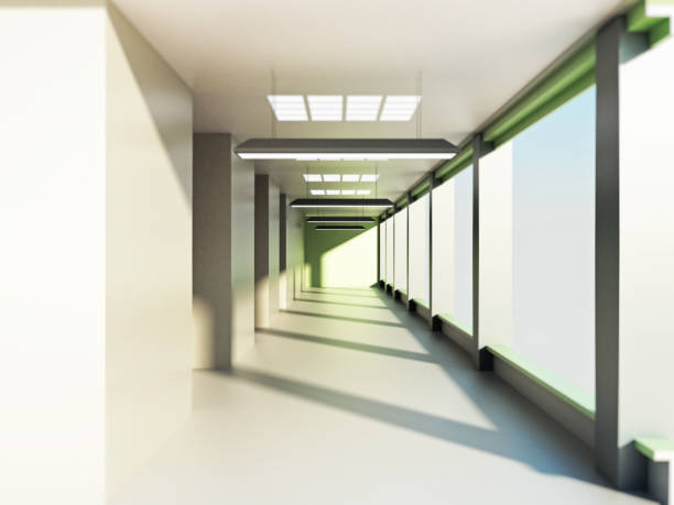 istock Modern office corridor with large glass windows 1012384978