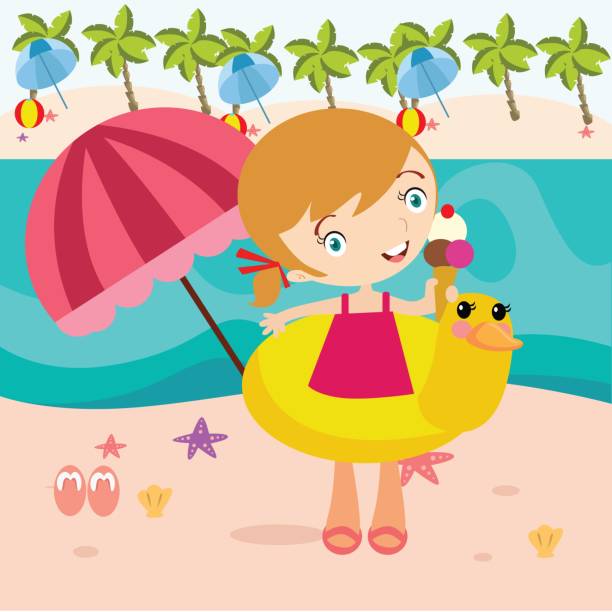 illustrations, cliparts, dessins animés et icônes de adorables petites filles mignonnes de vacances à la plage l’été, personnage de dessin animé - preschooler playing family summer