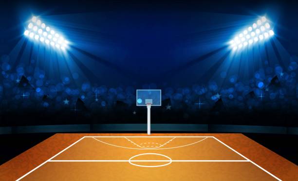 istock Basketball arena field with bright stadium lights design. Vector illumination 1012404174