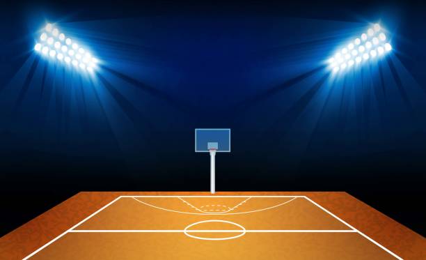 istock Basketball arena field with bright stadium lights design. Vector illumination 1012404220