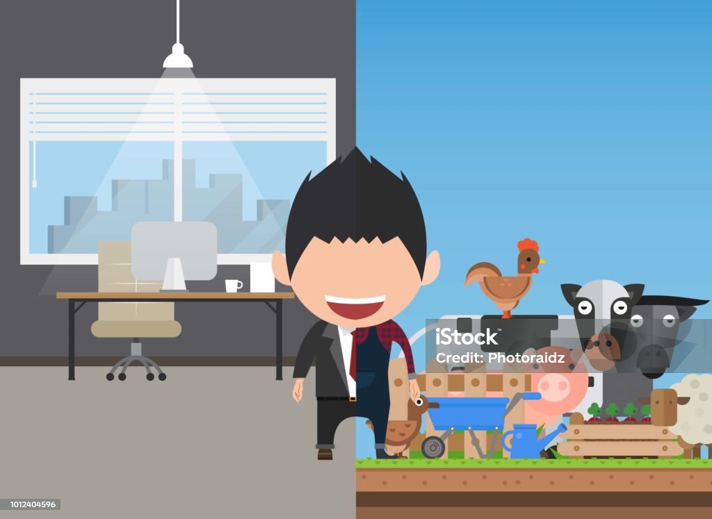 Vector illustration of a happy face businessman. a concept of balancing personal life between office and Men organic agriculture. Adult stock vector Vector illustration of a happy face businessman. a concept of balancing personal life between office and Men organic agriculture. Adult stock vector