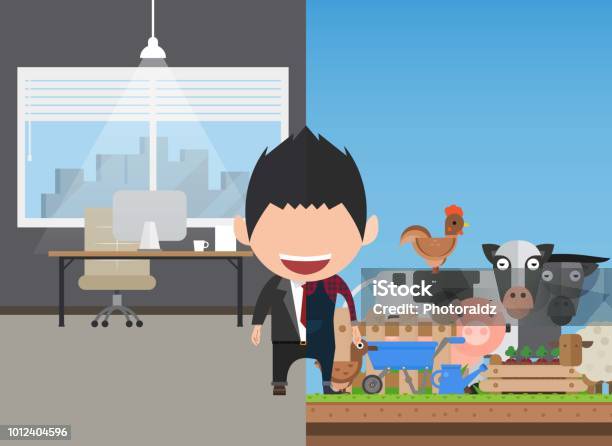 Vector Illustration Of A Happy Face Businessman A Concept Of Balancing Personal Life Between Office And Men Organic Agriculture Stock Illustration - Download Image Now
