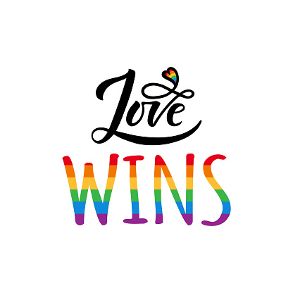 Love wins lettering with rainbow. Gay parade slogan. LGBT rights symbol. Modern brush calligraphy. Lettering and trendy typography for poster, placard, t-shirts, cards design